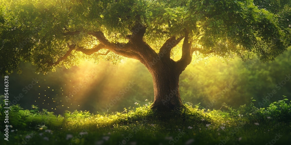 Poster tree in a lush forest showcasing the beauty of nature, where the tree stands tall against a vibrant 