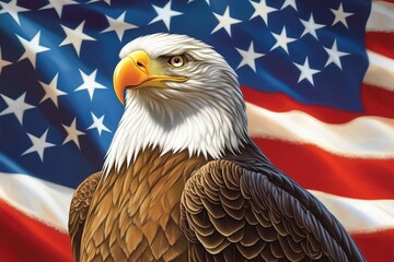 Naklejka premium Proud bald eagle stands tall against American flag. Majestic bird freedom, patriotism. Image perfect for Independence Day celebration. National pride shown. Powerful eagle American spirit. National
