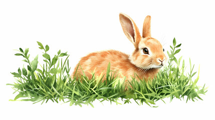 Obraz premium Watercolor Illustration of a Cute Brown Rabbit Sitting in Lush Green Grass, a Springtime Scene with Delicate Details, Perfect for Nature and Animal Lovers