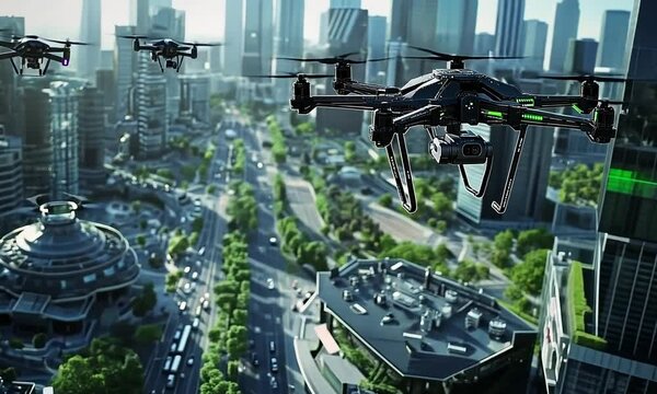 Multiple drones flying over a cityscape.