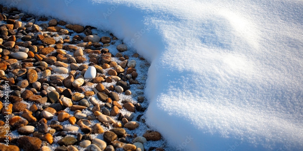 Aufkleber Snow flows gracefully over a mound of crushed pebbles, creating a beautiful contrast between the soft snow and the rugged surface of the crushed pebbles. The snow flows enhance the scene s aesthetics.