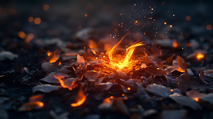 Single spark igniting a pile of dry leaves at dusk, 8k, hyper realistic.