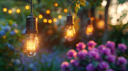 Smooth wooden texture, hanging bulb lights, outdoor scene, natural light casting shadows, serene and festive.