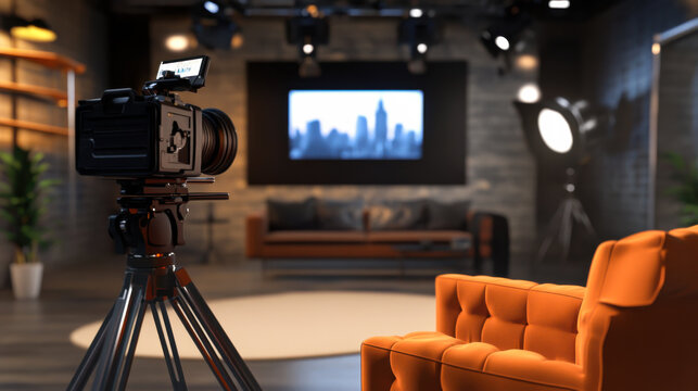 Modern studio setup featuring cameras and an orange chair ready for a creative video shoot in a well-lit environment