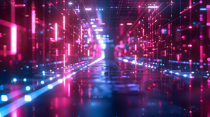 Obraz premium Abstract 3D Digital Corridor with Pink and Blue Neon Lights, Futuristic Data Stream Background Illustration