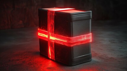 Mysterious Gift Box with Red Light and Black Background