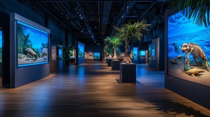 Expansive Museum Gallery Featuring Interactive Screens Showcasing Marine Life and Fossil Displays in a Modern Exhibition Space