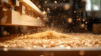 Woodworking: A Close-Up View of Sawdust Flying from a Plank of Wood Being Cut, Creating a Golden Shower of Wood Chips