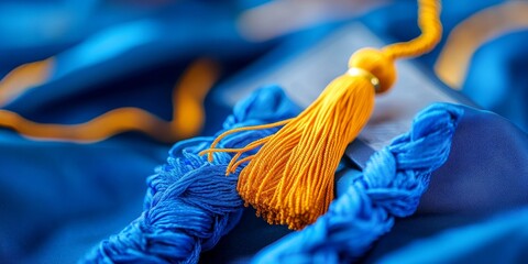 Cap, tassel, and diploma displayed prominently on a blue graduation gown, symbolizing achievement and celebration of academic success during graduation ceremonies.