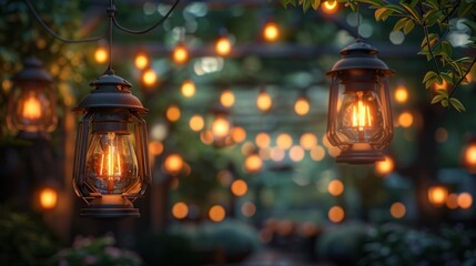 Smooth wooden finish, elegant bulb lights hanging, outdoor scene, warm natural glow, serene feel.