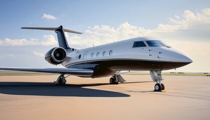 Luxury Private Jet Airplane Parked on the Runway of an Airport, Under a Blue Sky with Clouds