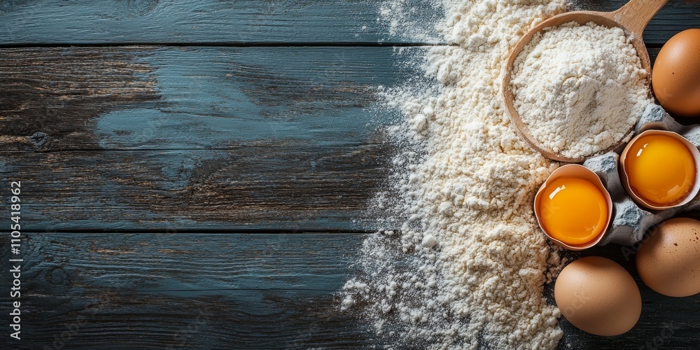Poster flour and eggs arranged thoughtfully on a rustic wooden background, highlighting the essential ingre
