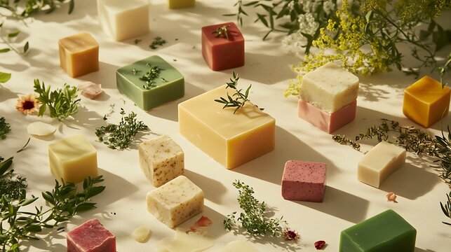 A collection of handcrafted soaps in vibrant colors, natural ingredients like herbs and flowers placed nearby