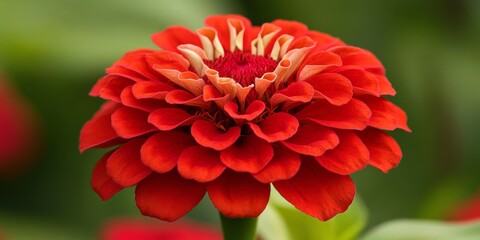 Delicate zinnia in vibrant red showcases the beauty of nature. This stunning zinnia flower captivates with its intricate petals, offering a glimpse into the elegance of zinnia blossoms.