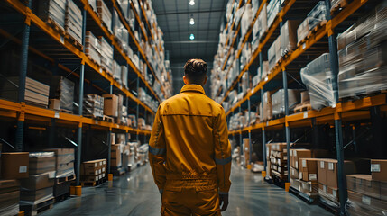 Fototapeta premium Warehouse Worker in Yellow Jumpsuit, Industrial Background Illustration