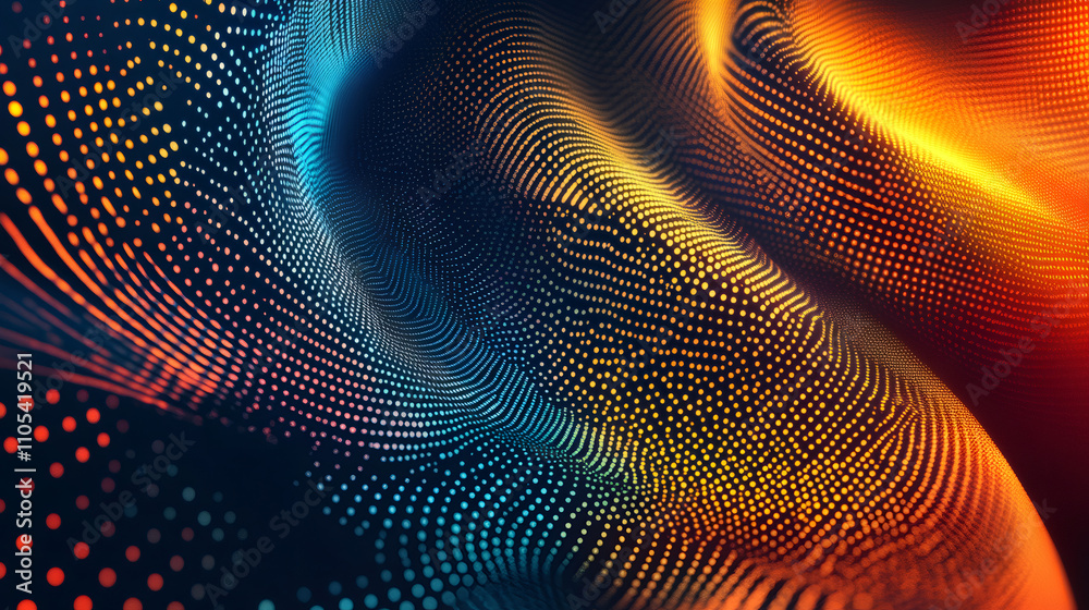 Poster futuristic and technological abstract particles flowing background with warm and cool color scheme