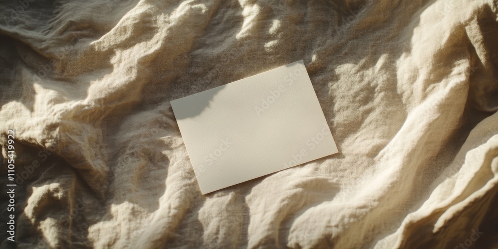 Poster Blank paper sheet card positioned on a crumpled beige bed blanket, creating a mockup copy space. The soft warm sunlight shadows enhance the aesthetic minimal brand template in this flat lay setup.