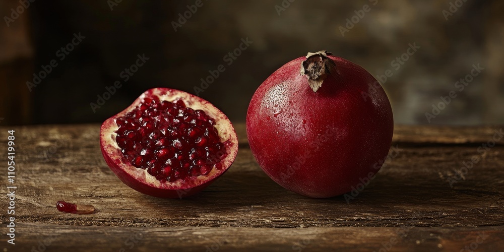 Poster a whole grenadine and a half grenadine displayed beautifully on a rustic wooden table, showcasing th