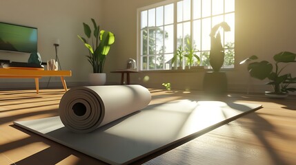 please imagine yoga mat in-situ or in context shot, showing just finished yoga. Background and setting: early morning in the living room with natural sunlight shining in