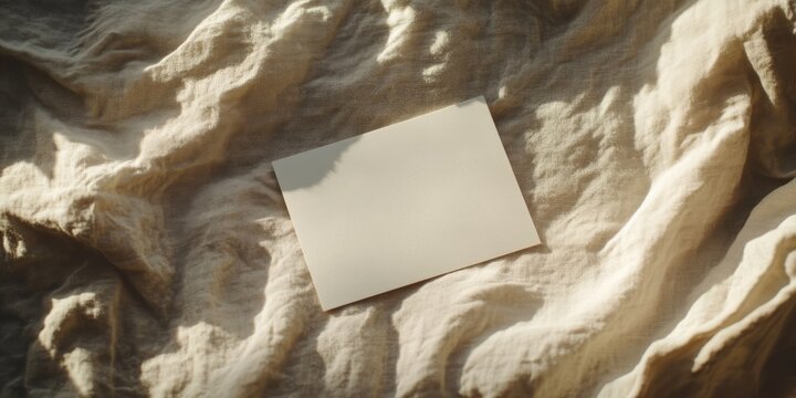 Blank paper sheet card positioned on a crumpled beige bed blanket, creating a mockup copy space. The soft warm sunlight shadows enhance the aesthetic minimal brand template in this flat lay setup.
