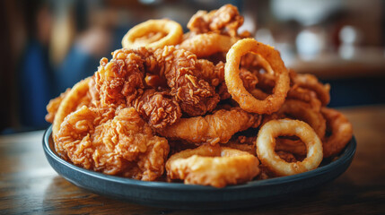 A Delicious Spread of Crispy Fried Chicken and Onion Rings on a Dark Plate Ideal for Comfort Food Lovers and Food Photography Enthusiasts in a Restaurant Setting