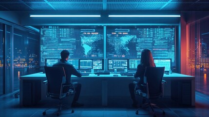 Cybersecurity operations center at night with two professionals monitoring multiple screens displaying global data and network information. Dramatic blue lighting creates futuristic atmosphere