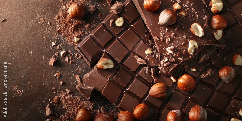 Poster textured background featuring milk chocolate and hazelnuts, showcasing a mouth watering food and dri