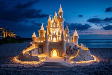 Spectacular Sand Castle Illuminated with Colored Lights at Dusk, Creating a Magical Beach Scene Ideal for Holiday Celebrations and Coastal Imagery