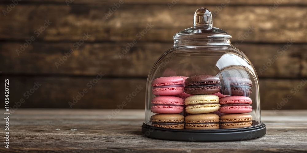 Poster Macaroons displayed under a glass bell jar on a wooden table create an inviting scene. These macaroons showcase delightful colors and textures, perfect for any dessert lover.
