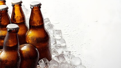 Close-up of several brown beer bottles nestled in ice, creating a refreshing and cool visual.