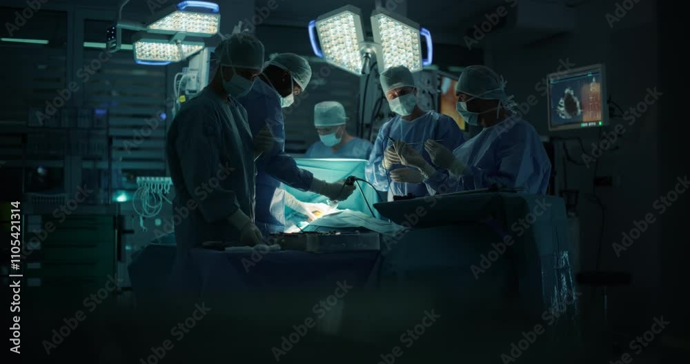 Poster deep in the process of an emergency surgery, diverse team of healthcare professionals navigating eac