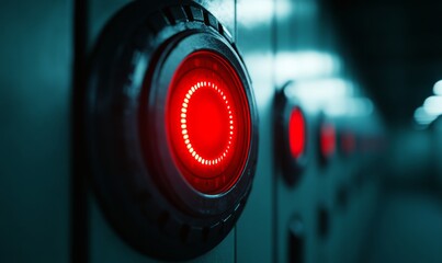 A glowing red countdown timer on a nuclear missile control panel surrounded by warning lights and ominous shadows representing a nuclear threat 