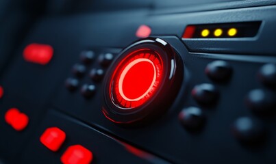 A glowing red countdown timer on a nuclear missile control panel surrounded by warning lights and ominous shadows representing a nuclear threat 