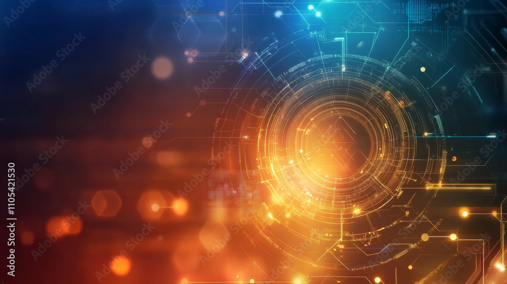 Poster Abstract technological background with rotating circular hud interface, glowing lines and bokeh lights, representing innovation and progress