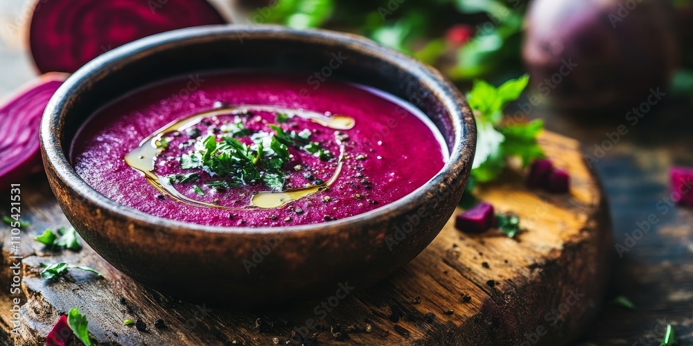 Poster classic beetroot soup presented on a rustic wooden table, showcasing the vibrant color and texture o