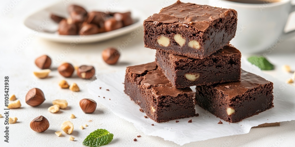 Aufkleber a delightful stack of chocolate brownies featuring mint and hazelnuts sits on baking paper against a