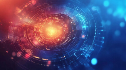 Futuristic technology and innovation represented by rotating complex circular hud interface with glowing core