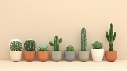 Fototapeta premium Generative AI, Minimalist Arrangement of Potted Cacti and Succulents in Soft Lighting