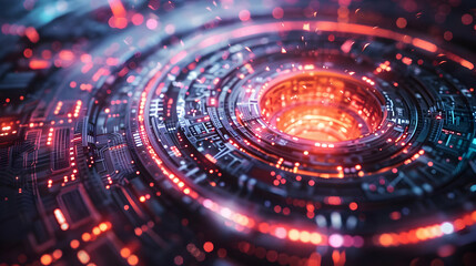 Obraz premium Abstract 3D Rendering of a Futuristic Circular Technology, Glowing with Red and Blue Lights, Detailed Circuitry Design, Intricate Patterns, Digital Art Background