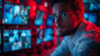 Obraz premium Focused Man Monitors Multiple Screens in a High-Tech Control Room with Red and Blue Lighting, Intense Cybersecurity Scene