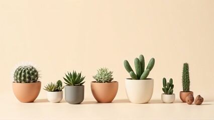 Generative AI, Minimalist Arrangement of Potted Cacti and Succulents in Soft Lighting