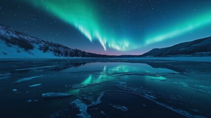 Northern Lights (Aurora Borealis) dance across starry sky over frozen lake landscape. Vibrant turquoise lights reflect perfectly in icy surface against snowy mountain backdrop