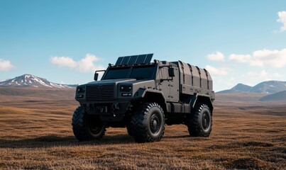 Obraz premium A rugged off-road mobile bomb shelter mounted on a 6x6 truck, with steel-plated armor, water tanks, and solar charging equipment on the roof 