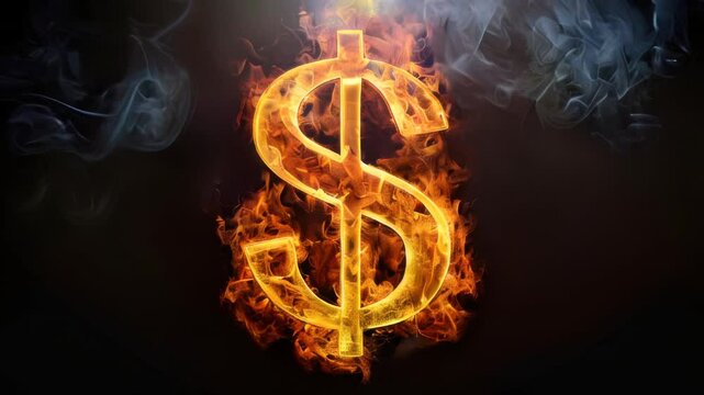 Flames and smoke are rising from a dollar sign on a black background