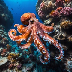 A close-up view reveals the astonishing detail of this octopus's skin, showcasing the intricate design of its suckers and the rich hues of its surroundings.  A true wonder of the deep.