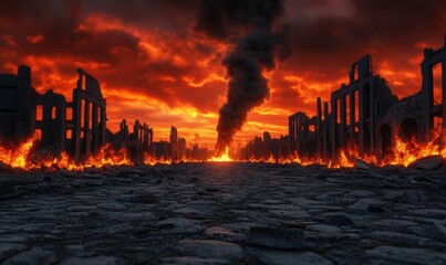 A scorched cityscape reduced to rubble, with skeletal buildings and glowing embers rising from the ground under a dark, ash-filled sky after a nuclear explosion 