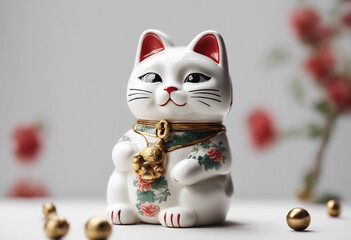 White Fortune Cat Ceramic Figurine with Raised Paw and Lucky Bells isolated on white transparent bac