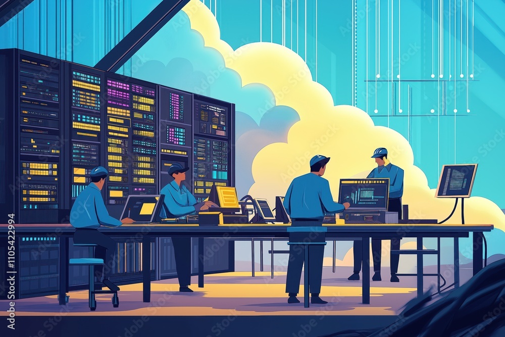 Poster tech staff work in server room. engineers monitor computers, servers. cloud computing visible in bac