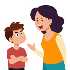 mother try to talk with her angry kid boy.