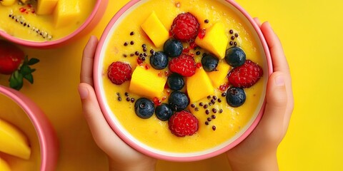 Children s hands grasp a bowl filled with smoothies, featuring mango, banana, and passion fruit, adorned with berries, perfect for a healthy food option in kids menus. Healthy food for kids menu.